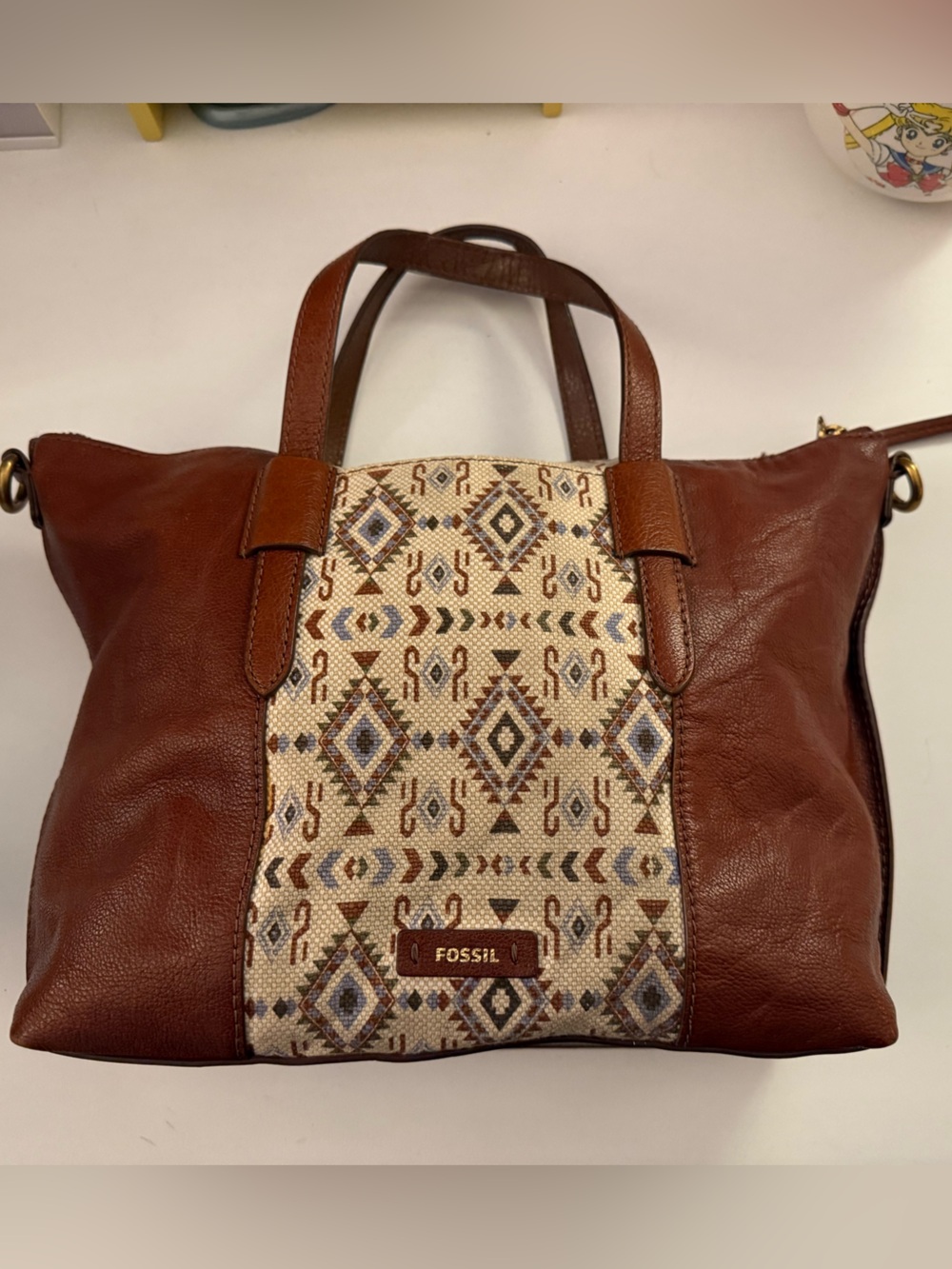 Vintage Fossil Brown Leather Tote with Cream Aztec Panel